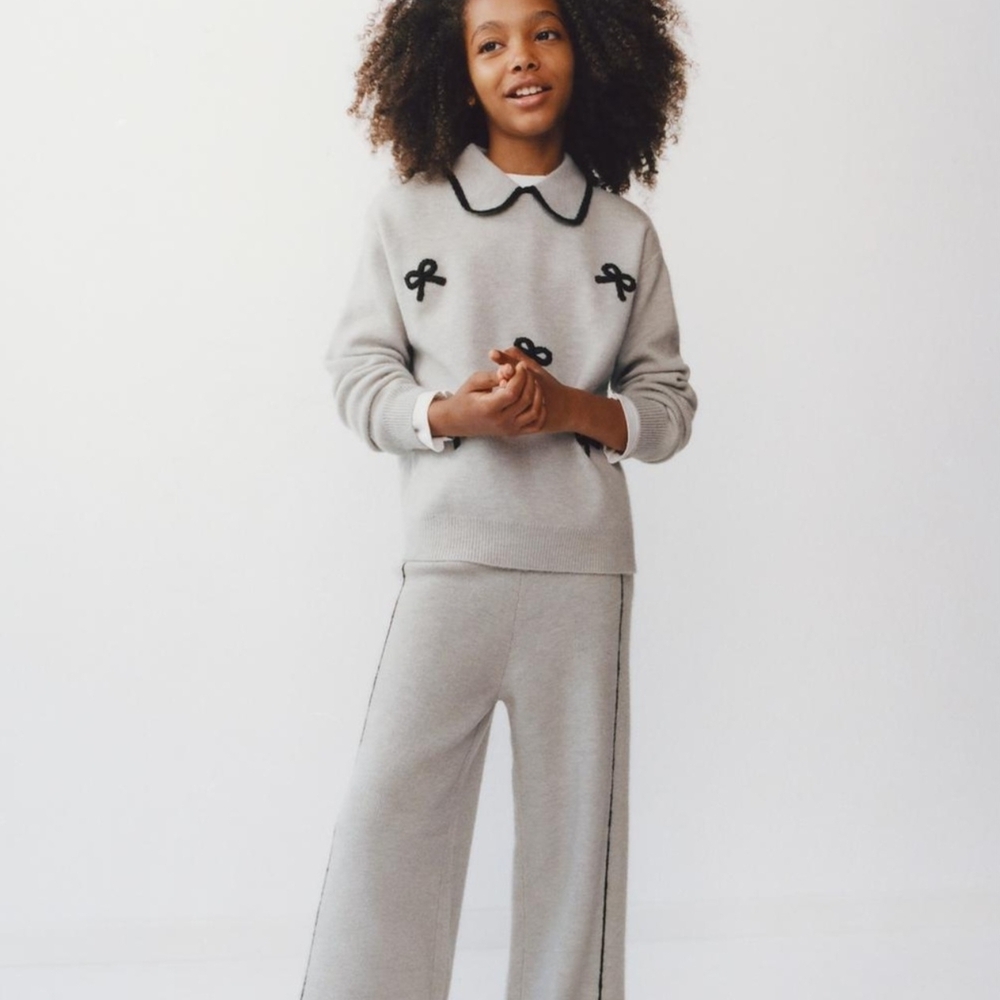 Zara Girls Knit Sweter Top Size 6-7 Gray Long Sleeve Bows  Wool Blend NWT